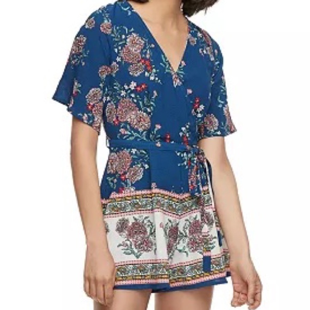 Three Pink Hearts Floral Blue Romper XS